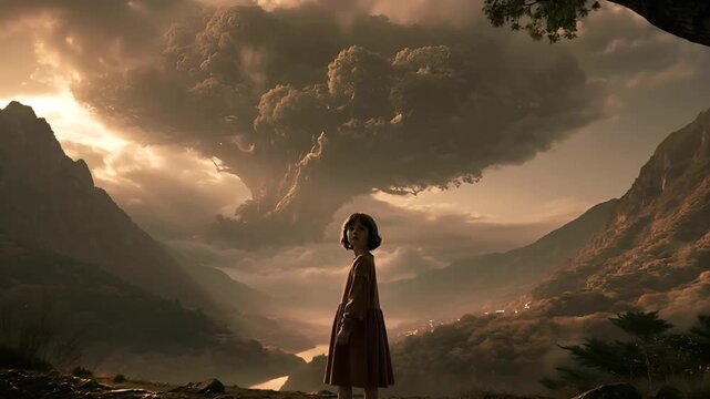 A vivid portrayal of a young girl standing on a rocky outcrop, gazing into a vast, mountainous landscape. The sky is painted with hues of orange, pink, and purple, indicating either dawn or dusk.