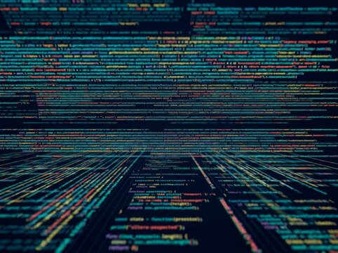 Rows of vibrant digital code lines stretch into the distance on a dark background, illustrating a high-tech theme.