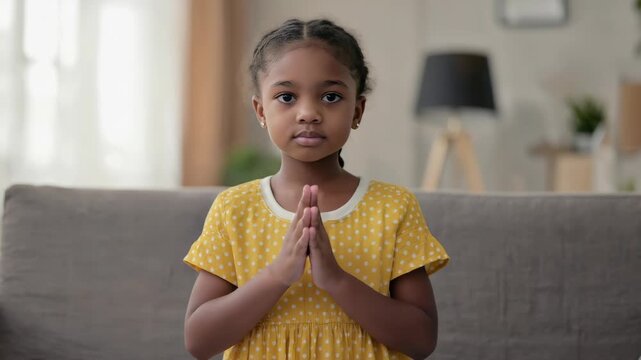 A young girl with her hands together in prayer, sitting on a couch.