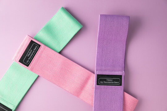 Fabric, elastic resistance bands for hip exercise, muscle building, and endurance training, in three stretch strengths