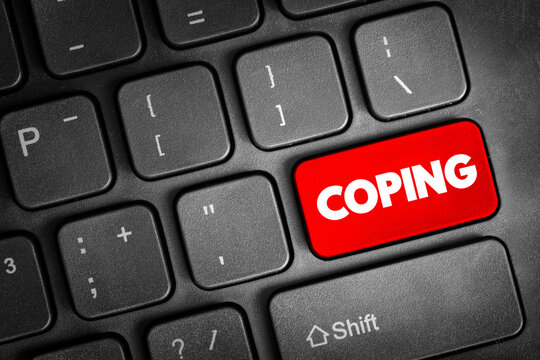 COPING key on computer keyboard representing stress management, resilience, adaptation, emotional control, mental strategies, workplace pressure handling and personal wellbeing in digital life