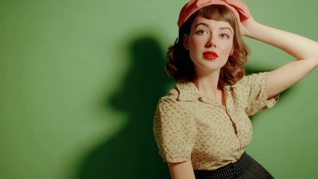A young woman with curly hair wearing a vintage dress, a pink hat, and a red lipstick smiles at the camera.