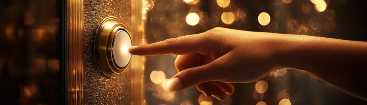Close up of human finger pressing glowing illuminated elevator call button in luxury hallway