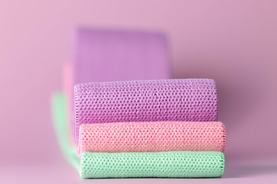 Close-up, woven fabric of three, elastic resistance bands for hips 
