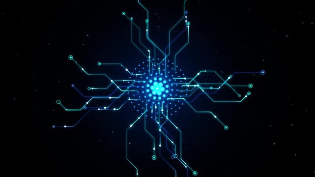 Digital circuit board design with glowing blue lines and central node on dark backdrop