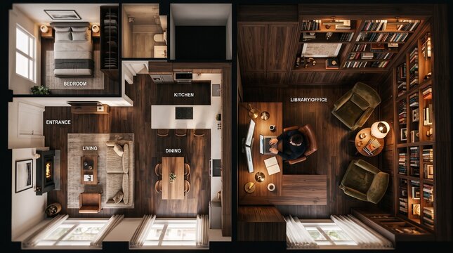 Modern apartment floor plan top view showing rooms and office interior
