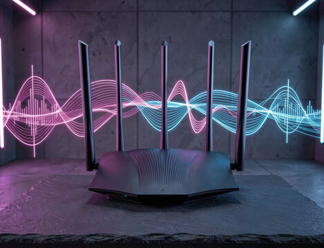 Black high speed wireless internet router with glowing signal waves