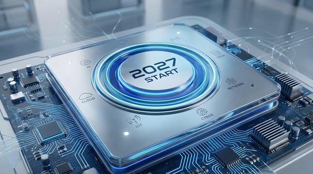 2027 start button on futuristic circuit board with tech icons