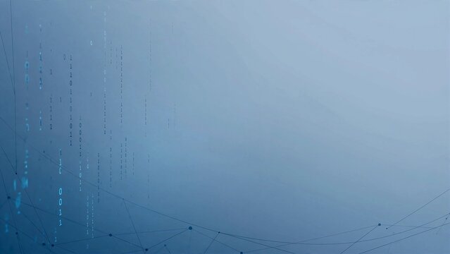 Abstract light blue technology background with binary code stream and subtle network node connections