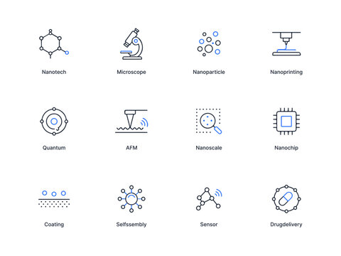Science and Technology Icons Set Nanotechnology Microscope Quantum Nanoprinting