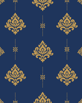 Damask floral pattern in rich blue and gold creates an antique ornamental wallpaper for vintage interiors and textiles, adding elegant classic character to decorative surfaces.