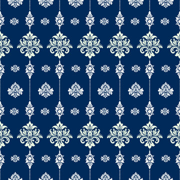 Damask pattern with vintage floral ornament and baroque details creates an elegant seamless background for wallpaper and textile design in classic interiors.