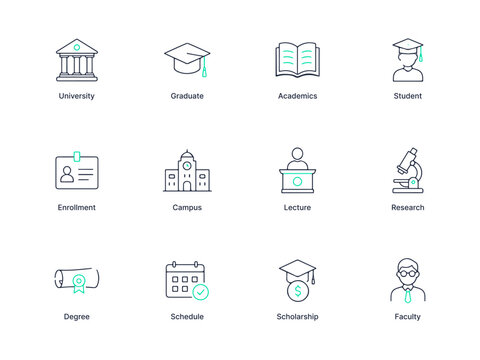 Education Icons Set University Graduate Academics Student Enrollment Campus Lecture Research Degree Schedule Scholarship Faculty