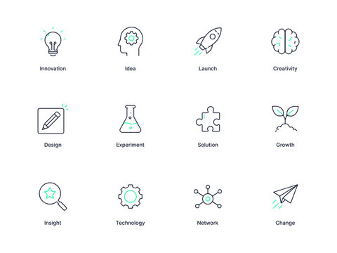 Business concept icons representing innovation idea launch creativity design experiment solution growth