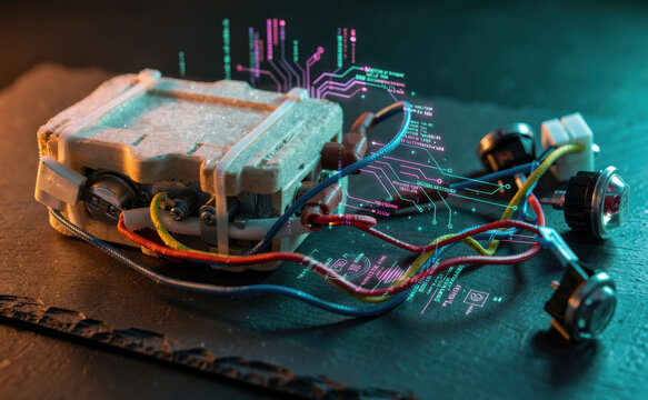 Improvised electronic device with glowing digital hologram circuit interface