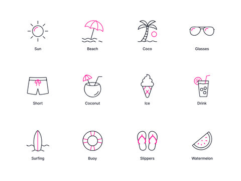 Summer beach vacation icons set with sun umbrella palm tree sunglasses shorts coconut ice cream drink surfboard buoy slippers watermelon outline symbol
