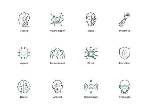 Future Technology Icons Futuristic Cyborg Android Bionic Circuitry and Neural Concepts