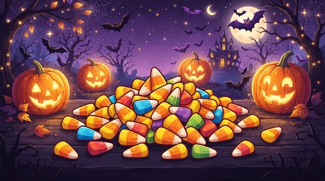 A pile of colorful candy corn scattered on a dark purple Halloween background, soft shadows, glowing pumpkins, and floating bats, festive vector illustration, 8k.