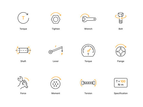 Mechanical Engineering Icons Set with Torque, Force, and Fasteners