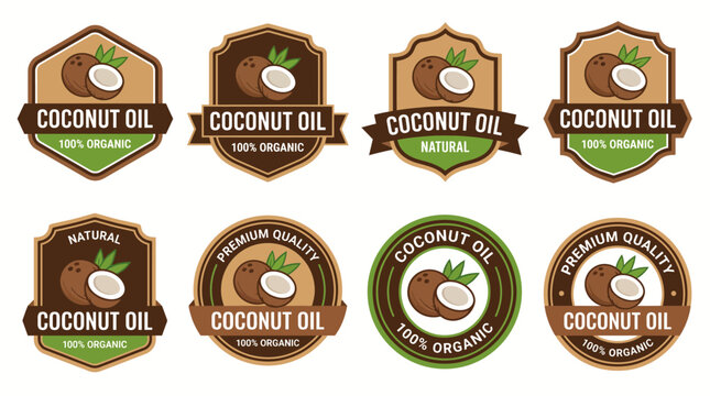 Showcasing eight distinct logos centered around coconut oil, this image emphasizes organic, premium quality ingredients and health-conscious branding in a visually appealing format.