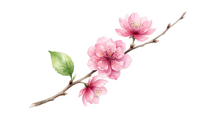 Naklejka premium Beautiful Watercolor Illustration Of A Delicate Cherry Blossom Branch With Pink Flowers And Green Leaves Isolated On A Transparent Alpha Background