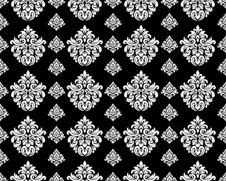 Elegant Damask Pattern Black White Floral Ornament Vintage Textile Wallpaper Background.