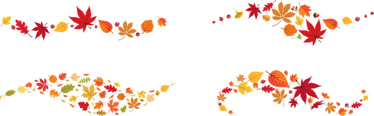Fototapeta premium Autumn maple leaves border set . Wave of falling leaves. Leaf fall . Autumn flying leaves . Watercolor leaves in the wind. Autumn foliage . Collection of fall decor elements .