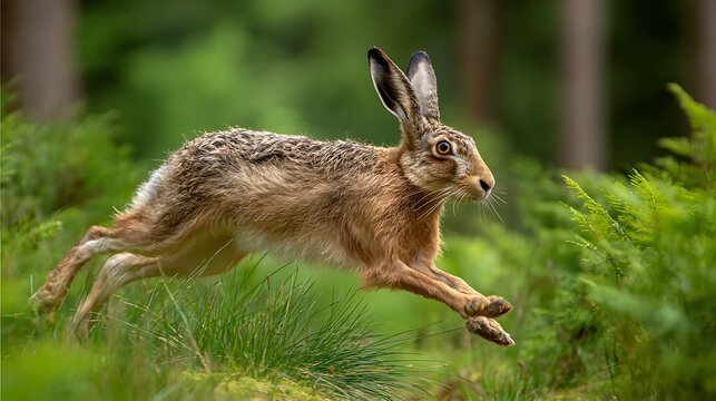 Brown hare running through lush green forest foliage capturing a moment of wildlife in motion perfect for nature and conservation themes