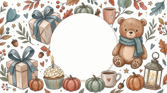 Sweet Autumn Birthday Celebration Illustration with Center Copy Space