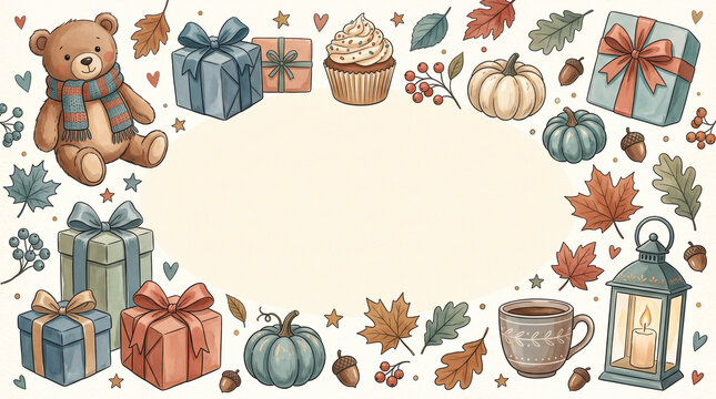 Cozy Fall Birthday Party Background with Sweet Decorative Elements and Text Space