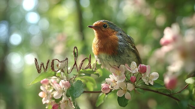 A small robin bird perched on a blooming branch with the word world made of natural materials symbolizing nature and environmental connection