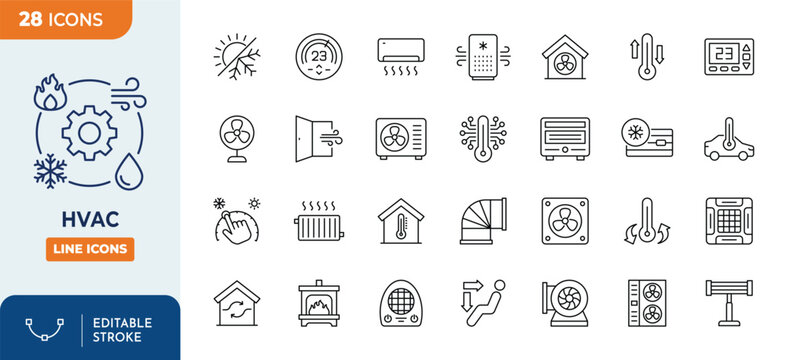 HVAC line editable icon set. Containing air conditioning, ventilation, heating, cooling, climate,, temperature, fan, filter, thermostat, and more. Vector illustration	

