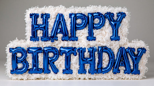 Happy birthday floral arrangement spelled with blue foil balloon letters