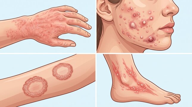 Dermatology skin conditions set, medical illustration of eczema and acne, fungal ringworm and psoriasis on human body parts