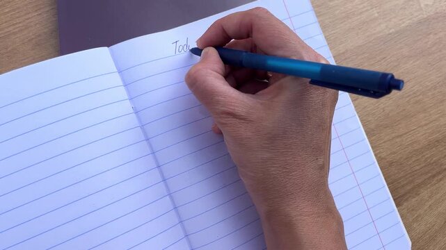 Person writing in journal on wooden table, morning routine, personal reflection.