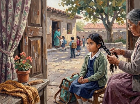 Grandmother braiding girl's hair in courtyard with children playing outside
