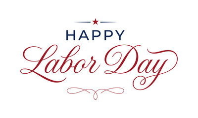 Naklejka premium Happy Labor Day typography vector design with red script text and decorative star