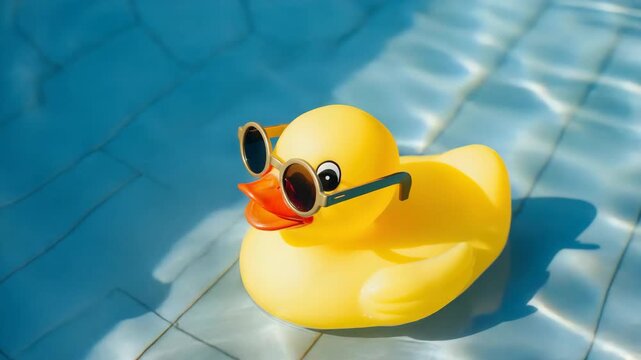A yellow rubber duck wearing sunglasses floating in a swimming pool.