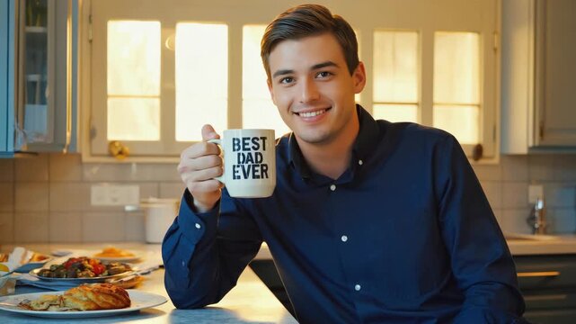Smiling young man holding a cup of coffee in a kitchen.