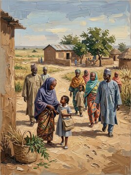 Community members walking together in a rural setting promoting education and safety