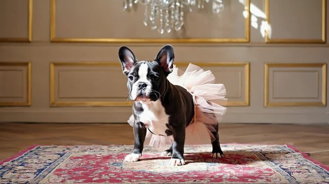 Adorable pug dog wearing ballet tutu on red carpet.