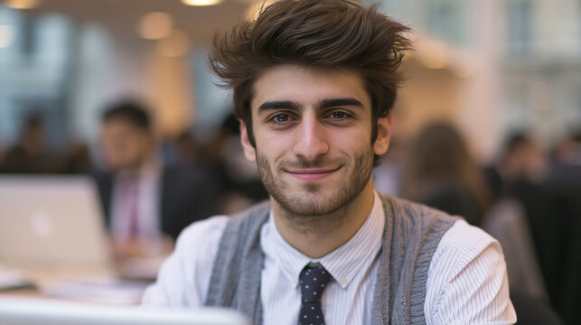 Smiling young businessman looking at camera while working in office with employee