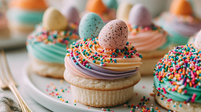Easter cupcakes decorated with pastel frosting sprinkles and small eggs