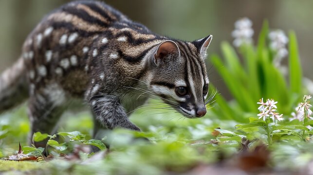 Small wild civet cat with spotted fur walking in lush green forest close-up wildlife portrait of an Asian mammal in natural habitat