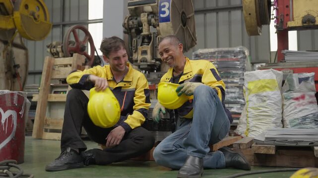 Happy diverse engineers sitting on floor smiling talking resting after work, senior Asian man young Caucasian technician enjoying friendly break inside factory