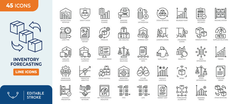 Inventory forecasting line editable icon set. Containing inventory, forecasting, logistic, stock, supply, demand, product, management, warehouse, storage, distribution, and more. Vector illustration