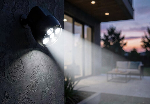 Modern outdoor wall mounted security spotlight illuminating backyard patio at dusk