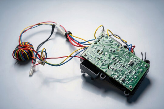 Electronic circuit board module with connected colorful wires and toroidal coil