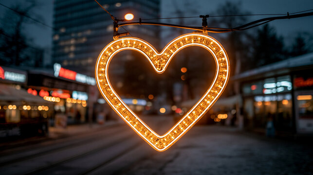 Glowing heart shaped light decoration hanging in a city street at night