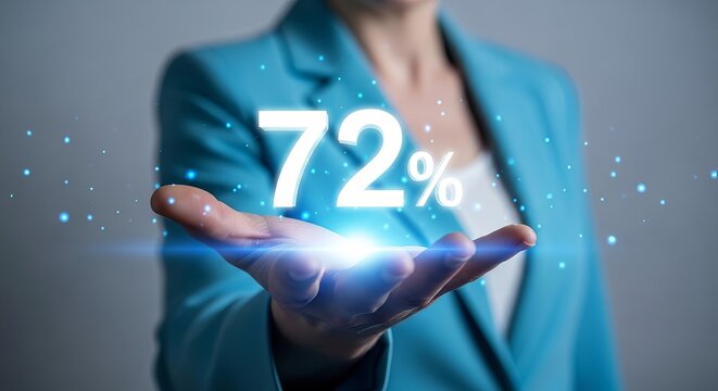 Businesswoman holding a glowing 72 percent sign for financial growth and data analysis